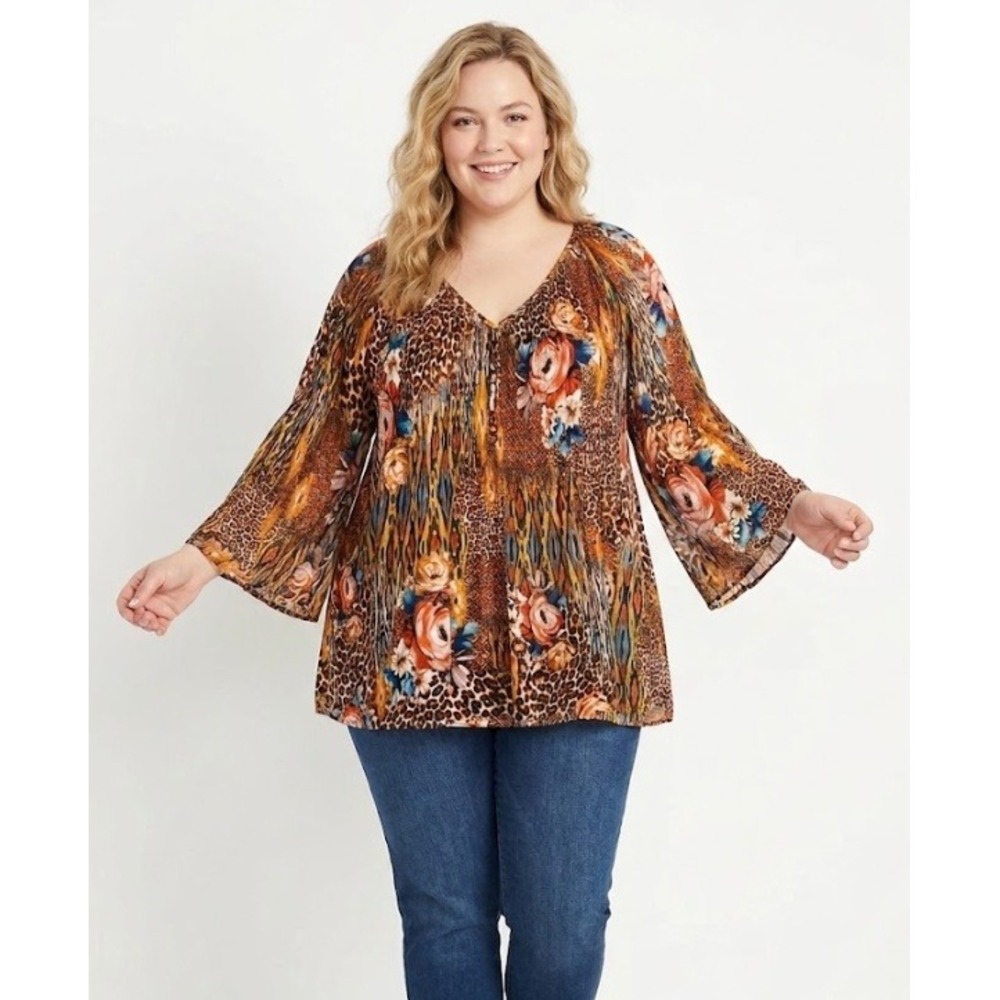 Ninety Clothing Co Blouse 2X Brown Mixed‎ Leopard Floral Pleated Bell Sleeve Top